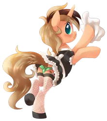Size: 2303x2604 | Tagged: suggestive, artist:xnightmelody, derpibooru import, oc, unofficial characters only, pony, unicorn, clothes, crossdressing, fishnets, green underwear, maid, male, panties, plot, polka dot underwear, solo, solo male, underwear
