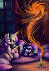 Size: 1950x2850 | Tagged: artist:grennadder, candle, derpibooru import, filly, fire, happy, magic, moon, open mouth, princess celestia, princess luna, prone, pyromancy, reflection, safe, smiling, woona