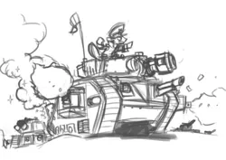 Size: 500x353 | Tagged: artist:sanity-x, commissar, crossover, derpibooru import, drive me closer, heavy bolter, imperial guard, lascannon, leman russ, leman russ demolisher, monochrome, ponified, safe, tank (vehicle), warhammer 40k, warhammer (game)