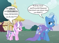 Size: 1213x895 | Tagged: accessory swap, artist:cmpony, artist:thewalrusclown, body swap, derpibooru import, diamond tiara, evil grin, frown, safe, speech bubble, swapped cutie marks, trixie, unamused