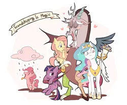 Size: 1200x1000 | Tagged: safe, artist:raichi, derpibooru import, discord, fluttershy, pinkie pie, princess celestia, twilight sparkle, twilight sparkle (alicorn), alicorn, pony, blushing, chocolate milk, chocolate rain, discolight, discopie, discord being discord, discord gets all the mares, discoshy, dislestia, female, flower, friendship, harem, locket, lucky bastard, male, mare, old banner, open mouth, pinkie being pinkie, shipping, straight, varying degrees of amusement, varying degrees of want