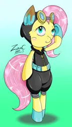 Size: 600x1049 | Tagged: safe, artist:zanclife, derpibooru import, fluttershy, pegasus, pony, bipedal, blushing, bunny ears, clothes, cute, dangerous mission outfit, female, flutterspy, goggles, green background, hoodie, mare, simple background, smiling, solo