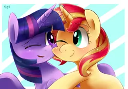 Size: 1000x700 | Tagged: safe, artist:sion-ara, derpibooru import, sunset shimmer, twilight sparkle, twilight sparkle (alicorn), alicorn, pony, female, lesbian, mare, shipping, smiling, sunsetsparkle, wink