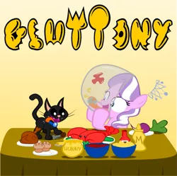 Size: 895x893 | Tagged: safe, artist:magerblutooth, derpibooru import, diamond tiara, oc, oc:dazzle, cat, lobster, pony, bowl, cooked, dead, female, filly, food, honey, ponies eating meat, ponies eating seafood, seven deadly sins