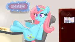 Size: 2000x1125 | Tagged: safe, artist:dacg, derpibooru import, oc, oc:tasty frequency, unofficial characters only, pony, autograph, bronies radio, chair, desk, door, female, hooves on the table, mare, microphone, open mouth, pink mane, radio, sitting, solo