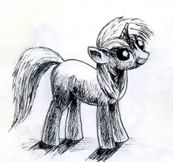 Size: 404x380 | Tagged: safe, artist:el-yeguero, derpibooru import, oc, unofficial characters only, pony, unicorn, looking at you, looking up, monochrome, smiling, solo, traditional art