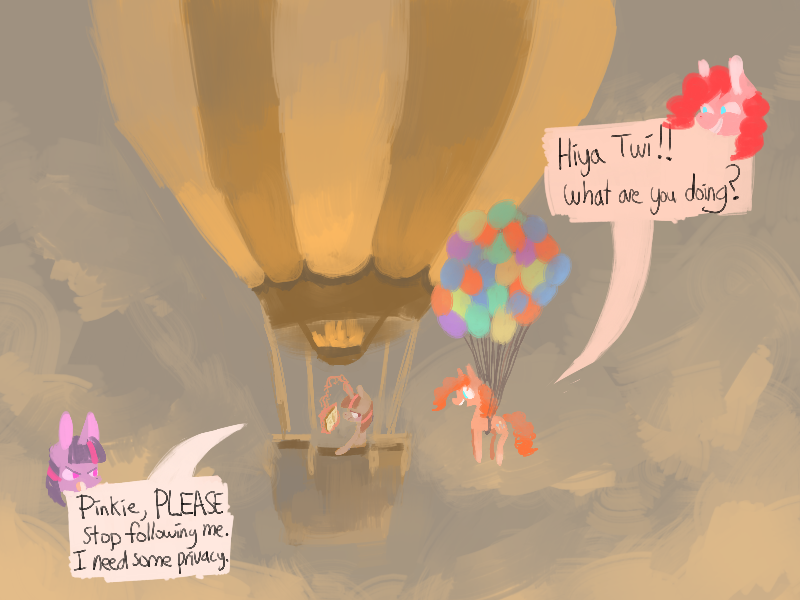 Size: 800x600 | Tagged: dead source, safe, artist:berrydrops, derpibooru import, pinkie pie, twilight sparkle, earth pony, pony, unicorn, balloon, book, female, floating, levitation, magic, mare, reading, speech bubble, then watch her balloons lift her up to the sky, twilight is not amused, unamused