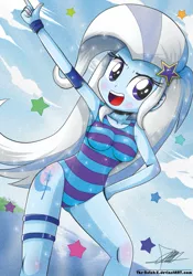 Size: 739x1055 | Tagged: suggestive, artist:the-butch-x, derpibooru import, trixie, equestria girls, adorasexy, armband, armpits, beach, blue swimsuit, blushing, bracelet, breasts, busty trixie, cleavage, clothes, cute, cutie mark, cutie mark on equestria girl, diatrixes, female, garter, hand on hip, ocean, one-piece swimsuit, sexy, solo, solo female, stars, striped swimsuit, stripes, swimsuit, underass, water, x summer