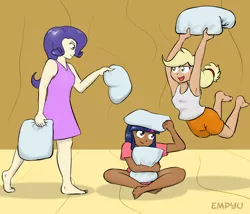 Size: 1000x857 | Tagged: applejack, artist:empyu, barefoot, dark skin, derpibooru import, feet, human, humanized, pillow fight, rarity, safe, smiling, trio, twilight sparkle