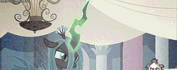 Size: 500x200 | Tagged: safe, derpibooru import, edit, edited screencap, screencap, queen chrysalis, changeling, changeling queen, a canterlot wedding, animated, distortion, female, glitch, solo