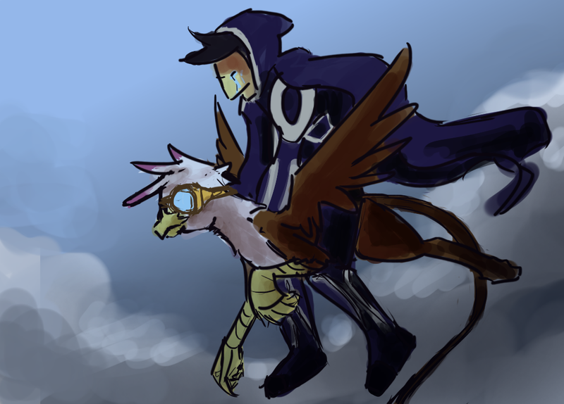 Size: 1093x784 | Tagged: artist needed, source needed, safe, derpibooru import, gilda, gryphon, human, cloak, clothes, cloud, cloudy, crossover, flying, goggles, humans riding griffons, jace beleren, magic the gathering, riding, robe, sky