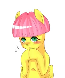 Size: 599x715 | Tagged: alternate hairstyle, artist:kuromozuku, blushing, bobcut, derpibooru import, fluttershy, pixiv, safe, solo