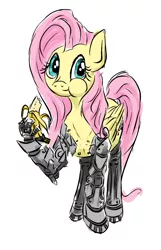 Size: 1345x2089 | Tagged: amputee, artist:pwnyville, banana, cyborg, derpibooru import, eating, fluttershy, hand, looking at you, prosthetics, puffy cheeks, safe, smiling, solo, :t