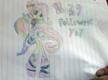 Size: 416x309 | Tagged: safe, derpibooru import, fluttershy, equestria girls, rainbow rocks, 39 followers, heart, humanized, lined paper, photo, ponied up, solo, traditional art, winged humanization, yay