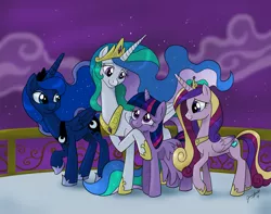 Size: 1024x805 | Tagged: dead source, safe, artist:chibi-jen-hen, derpibooru import, princess cadance, princess celestia, princess luna, twilight sparkle, twilight sparkle (alicorn), alicorn, pony, alicorn tetrarchy, balcony, female, mare, scene interpretation, you'll play your part