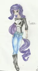 Size: 900x1675 | Tagged: alternate costumes, artist:nighthawkryuu, crossover, derpibooru import, human, humanized, marvel, punisher, rarity, safe, solo, the punisher, traditional art