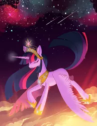 Size: 1615x2090 | Tagged: safe, artist:okapifeathers, derpibooru import, twilight sparkle, twilight sparkle (alicorn), alicorn, pony, big crown thingy, female, flying, hoof shoes, jewelry, mare, older, peytral, regalia, solo, space