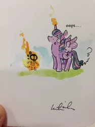 Size: 852x1136 | Tagged: semi-grimdark, artist:katiecandraw, derpibooru import, spike, twilight sparkle, twilight sparkle (alicorn), alicorn, pony, accident, d:, dark comedy, death, female, fire, katie does it again, magic, mare, misfire, on fire, skeleton, spikeabuse, spread wings, traditional art, wide eyes