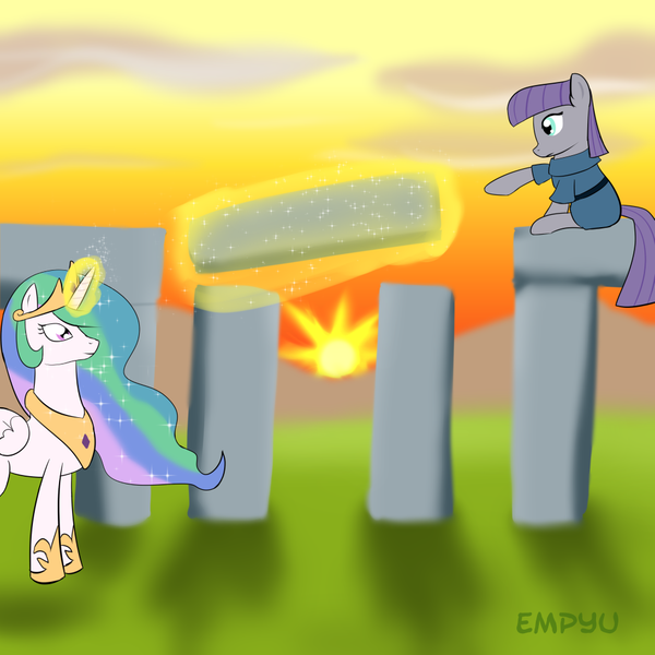 Size: 1000x1000 | Tagged: safe, artist:empyu, derpibooru import, maud pie, princess celestia, alicorn, earth pony, pony, female, levitation, magic, mare, pointing, sitting, smiling, stonehenge, sun, sunset, telekinesis