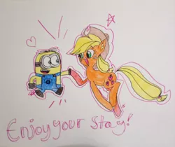 Size: 1024x859 | Tagged: applejack, artist:mushroomcookiebear, derpibooru import, despicable me, hoofbump, minions, safe, traditional art