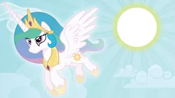 Size: 5692x3196 | Tagged: safe, artist:t-3000, derpibooru import, princess celestia, flying, glow, sky, smiling, solo, sparkles, spread wings, sun