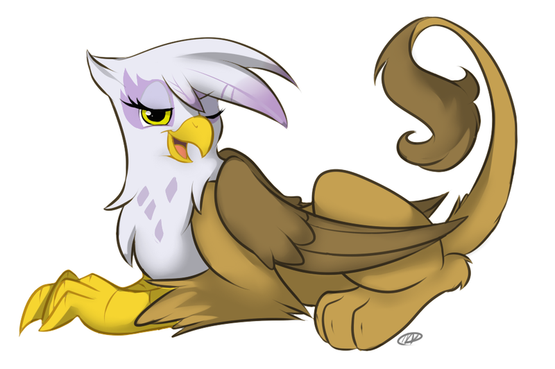 Size: 996x662 | Tagged: safe, artist:meggchan, derpibooru import, gilda, gryphon, beak, female, image, looking at you, lying down, open beak, open mouth, png, prone, raised tail, simple background, solo, white background, wink, winking at you