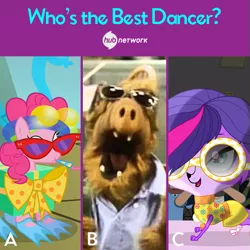 Size: 549x550 | Tagged: alf, balloon, dancing, derpibooru import, hub logo, hub network, littlest pet shop, official, pinkie pie, safe, text, zoe trent