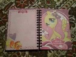 Size: 2048x1536 | Tagged: safe, derpibooru import, applejack, fluttershy, bee, frog, agenda, book, diary, flower, frog inspector applejack, journal, spanish