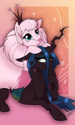 Size: 600x1000 | Tagged: dead source, safe, artist:probablyfakeblonde, derpibooru import, queen chrysalis, oc, oc:fluffle puff, changeling, pony, :p, accessory swap, canon x oc, chrysipuff, crown, female, heart, lesbian, lidded eyes, pony hat, prone, shipping, smiling, tongue out