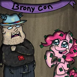 Size: 666x666 | Tagged: 2014, artist:justanotherponyfag, banner, brony, bronycon, brony stereotype, color communications badges, convention, derpibooru import, fedora shaming, glasses, green, hat, human, looking up, neckbeard, open mouth, pinkie pie, red, rubbing, safe, smiling, sweat, trilby