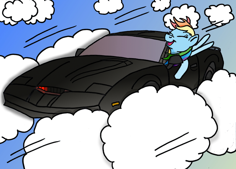 Size: 3484x2496 | Tagged: artist:doctorcat, car, cloud, cloudy, crossover, derpibooru import, driving, eyes closed, flying, illogical, kitt, knight rider, open mouth, pontiac firebird, rainbow dash, safe, smiling, this will end in a turbo boost, tv show