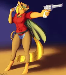 Size: 1127x1280 | Tagged: anthro, applejack, artist:hobbsmeerkat, cape, chaps, clothes, derpibooru import, dual wield, gun, hunterjack, no trigger discipline, revolver, safe, solo, unguligrade anthro, weapon