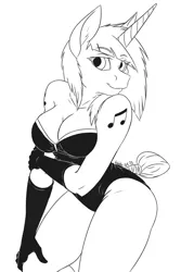 Size: 857x1280 | Tagged: alternative cutie mark placement, anthro, artist:hobbsmeerkat, black and white, breasts, bunny girl, bunny suit, busty vinyl scratch, cleavage, clothes, derpibooru import, female, gloves, grayscale, leotard, long gloves, monochrome, solo, solo female, suggestive, tail wrap, vinyl scratch