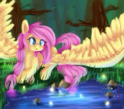 Size: 604x528 | Tagged: artist:baid-woo, derpibooru import, fluttershy, grass, long mane, :o, pond, prone, safe, solo, spread wings, water