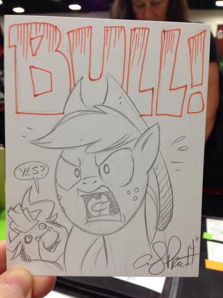 Size: 852x1136 | Tagged: safe, artist:andypriceart, derpibooru import, applejack, king longhorn, bull, andy you magnificent bastard, angry, glare, left 4 dead, open mouth, rage, reference, tongue out, traditional art, uvula, wide eyes, yelling