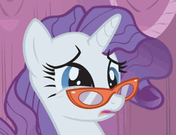Size: 650x500 | Tagged: animated, cropped, derpibooru import, expression, eye twitch, face, glasses, messy mane, rarity, safe, screencap, solo, suited for success, twitching