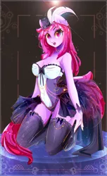 Size: 2056x3376 | Tagged: suggestive, artist:koveliana, derpibooru import, berry punch, berryshine, anthro, breasts, burlesque, chromatic aberration, cleavage, clothes, color porn, erect nipples, female, heart eyes, kneeling, nipple outline, solo, solo female, stockings, wingding eyes