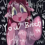 Size: 2048x2048 | Tagged: safe, artist:zaininn, derpibooru import, pinkie pie, floppy ears, fourth wall, insanity, laughing, looking at you, open mouth, pinkamena diane pie, pixiv, smiling, solo, swearing, tongue out, vulgar, wide eyes