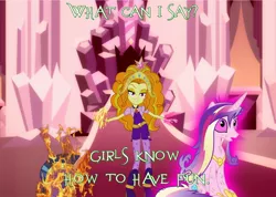 Size: 2048x1460 | Tagged: semi-grimdark, derpibooru import, adagio dazzle, princess cadance, shining armor, alicorn, pony, equestria girls, rainbow rocks, bad end, cuckolding, female, fire, gem, implied death, implied lesbian, magic, mare, mind control, photoshop, role reversal, siren gem