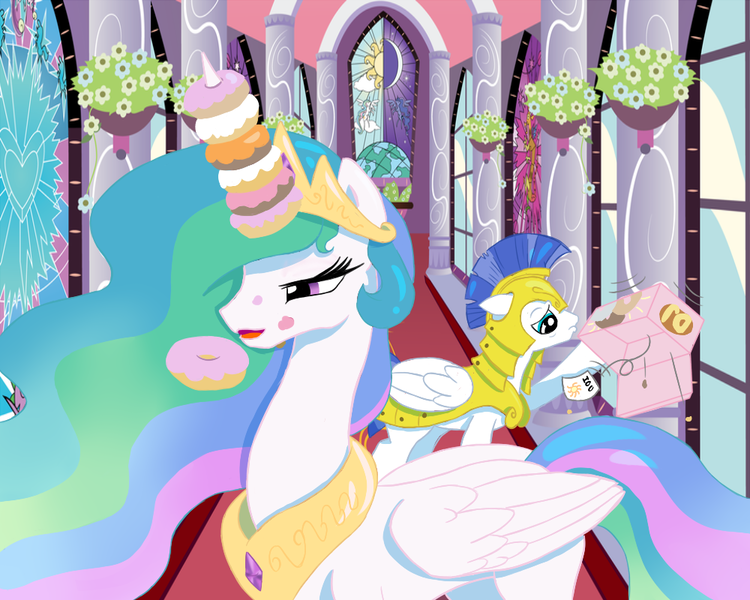 Size: 1000x800 | Tagged: artist:crazypurplebat, artist:kp-shadowsquirrel, artist:soren-the-owl, bedroom eyes, cake, cakelestia, colored, cute, cutelestia, derpibooru import, donut, donutlestia, eating, floppy ears, frown, heart, hoof hold, horn, horn grab, horn impalement, iou, messy, messy eating, open mouth, pouting, princess celestia, pure unfiltered evil, robbery, royal guard, sad, safe, smiling, stealing, the uses of unicorn horns, trollestia, tyrant celestia