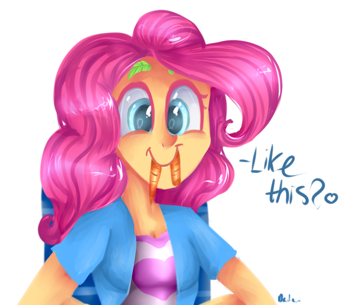 Size: 799x699 | Tagged: safe, artist:baid-woo, derpibooru import, pinkie pie, equestria girls, rainbow rocks, c:, carrot, cute, cutie mark eyes, dialogue, diapinkes, fangs, food, heart, lettuce, mouth hold, nom, pinkie being pinkie, scene interpretation, silly human, simple background, smiling, solo, white background, wingding eyes