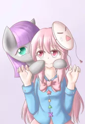 Size: 2430x3507 | Tagged: safe, artist:dyoung, derpibooru import, maud pie, earth pony, human, pony, female, gray background, hata no kokoro, hoof hold, mare, mask, pixiv, simple background, smiling, touhou, when she smiles