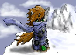 Size: 1024x740 | Tagged: safe, artist:howard59rus, derpibooru import, oc, oc:littlepip, unofficial characters only, pony, unicorn, fallout equestria, fanfic, clothes, fallout, fanfic art, female, hooves, horn, mare, pipbuck, snow, solo, vault suit