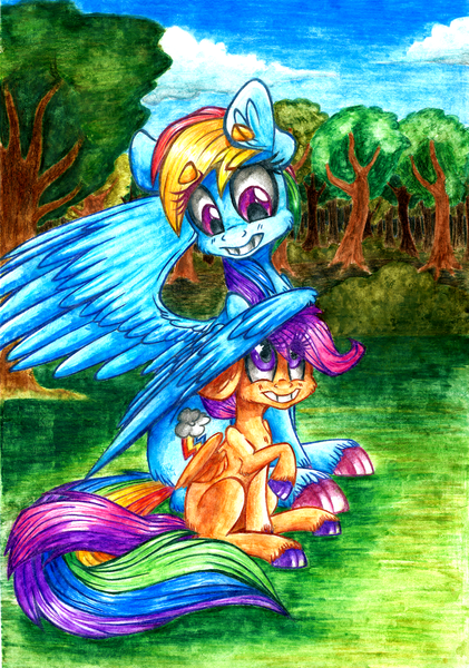 Size: 1210x1724 | Tagged: safe, artist:tidalwav-3, derpibooru import, rainbow dash, scootaloo, happy, scootalove, sitting