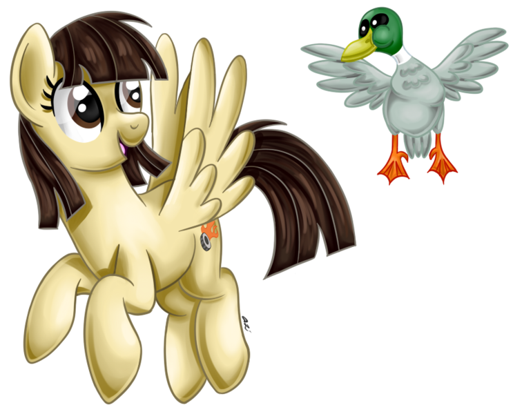 Size: 847x684 | Tagged: safe, artist:iheartjapan789, derpibooru import, wild fire, bird, duck, mallard, pegasus, pony, duo, female, flying, looking down, looking up, male, mare, op, open mouth, ponysona, signature, simple background, smiling, that pony sure does love ducks