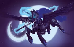 Size: 822x520 | Tagged: alicorn, armor, artist:mick-o-maikeru, derpibooru import, ethereal mane, female, flying, glowing horn, hoof shoes, horn, levitation, looking at you, magic, moon, night, princess luna, safe, scythe, solo, spread wings, warrior luna, weapon, wings