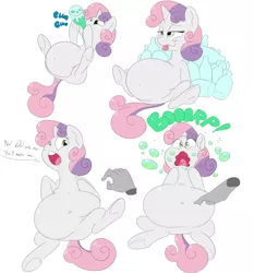 Size: 2800x3000 | Tagged: safe, artist:anonopony, derpibooru import, sweetie belle, pony, unicorn, belly, belly button, big belly, bloated, bottle, burp, cropped, dialogue, disembodied hand, female, filly, hand, inflation, on back, poking, soda, squishy, tongue out, underhoof, wavy mouth