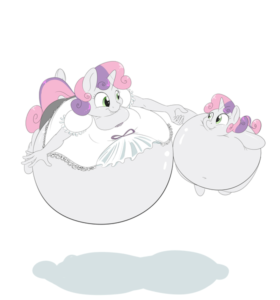 Size: 2800x3000 | Tagged: anthro, anthro ponidox, artist:anonopony, belly button, breasts, derpibooru import, floating, inflation, questionable, self ponidox, sweetie belle, sweetie belloon, unguligrade anthro