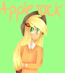 Size: 624x699 | Tagged: applejack, artist:baid-woo, derpibooru import, freckles, human, humanized, safe, smiling, solo