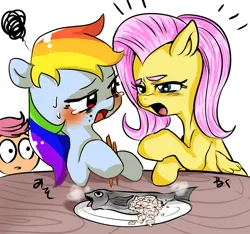 Size: 1000x936 | Tagged: safe, artist:nekubi, derpibooru import, fluttershy, rainbow dash, scootaloo, fish, pegasus, pony, blushing, chopsticks, context is for the weak, crying, dead, dexterous hooves, eating, female, food, hoof hold, lecture, mare, not salmon, open mouth, ponies eating meat, ponies eating seafood, sweat, wat, wide eyes